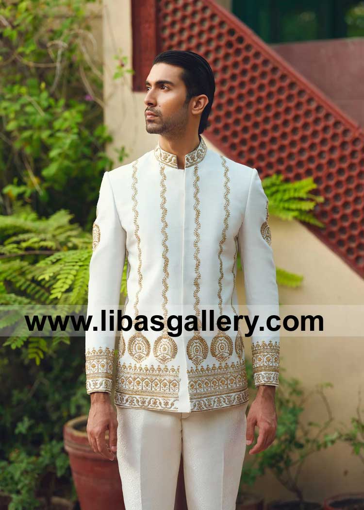 Luxury Off White Prince Coat with Delicate Gold Motifs